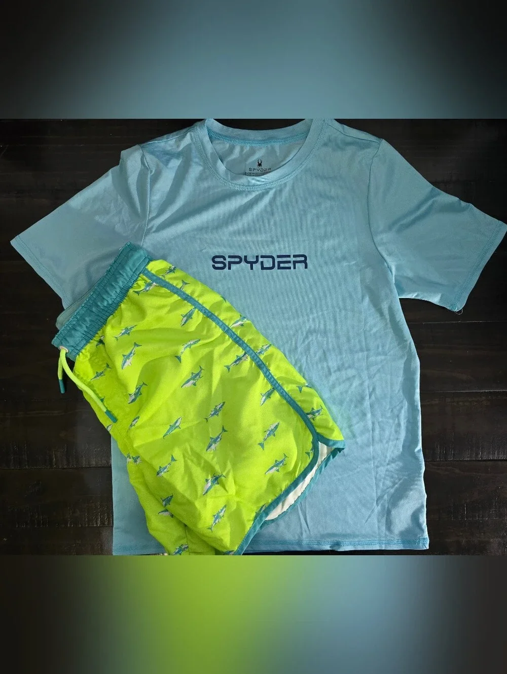 Boys Spyder Light Blue Logo Tee with Neon Yellow Shark Print Swim Shorts